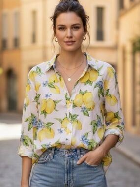 Talbots Lemon Print Button-Up Preppy Summer Vacation Resort Long-Sleeve Shirt